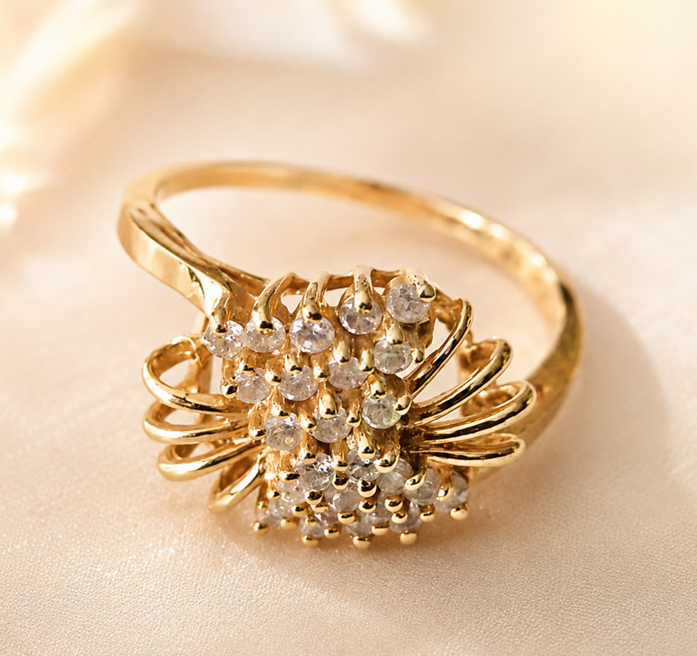 Vintage 14K Gold Diamond Cluster Cocktail Ring 0.50 CTW Estate Glam Luxe Size 8